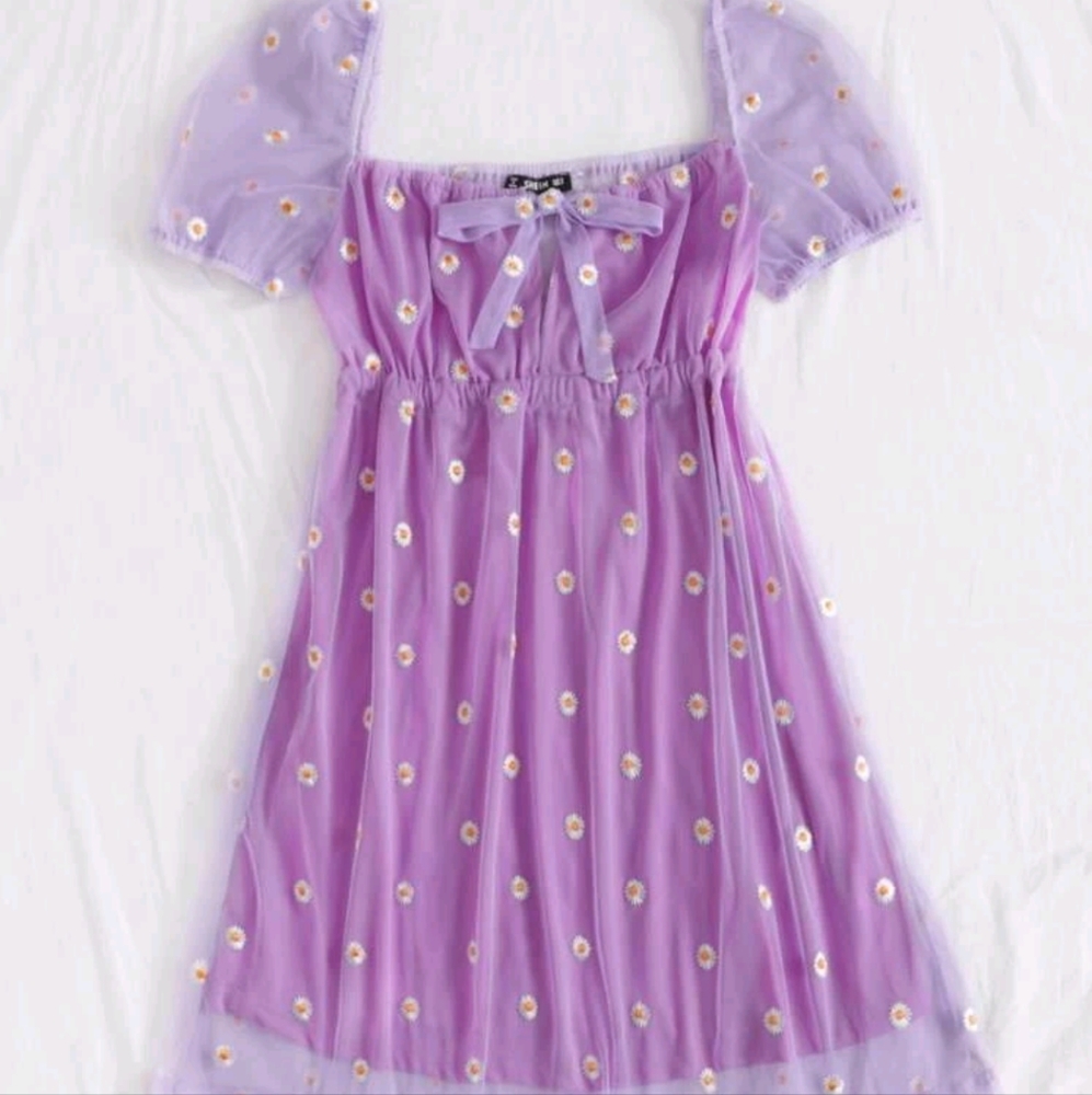 Embroidered daisy print mesh overlay dress